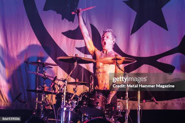 Drummer James Cassells of English metalcore group Asking Alexandria performing live on stage at the O2 Academy Brixton in London, on April 8, 2017.