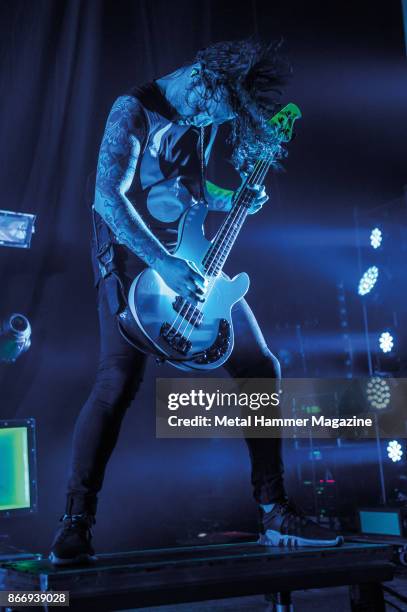 Bassist Sam Bettley of English metalcore group Asking Alexandria performing live on stage at the O2 Academy Brixton in London, on April 8, 2017.