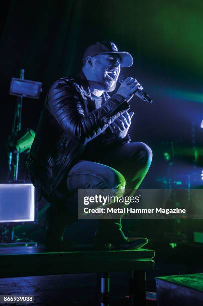 Vocalist Danny Worsnop of English metalcore group Asking Alexandria performing live on stage at the O2 Academy Brixton in London, on April 8, 2017.