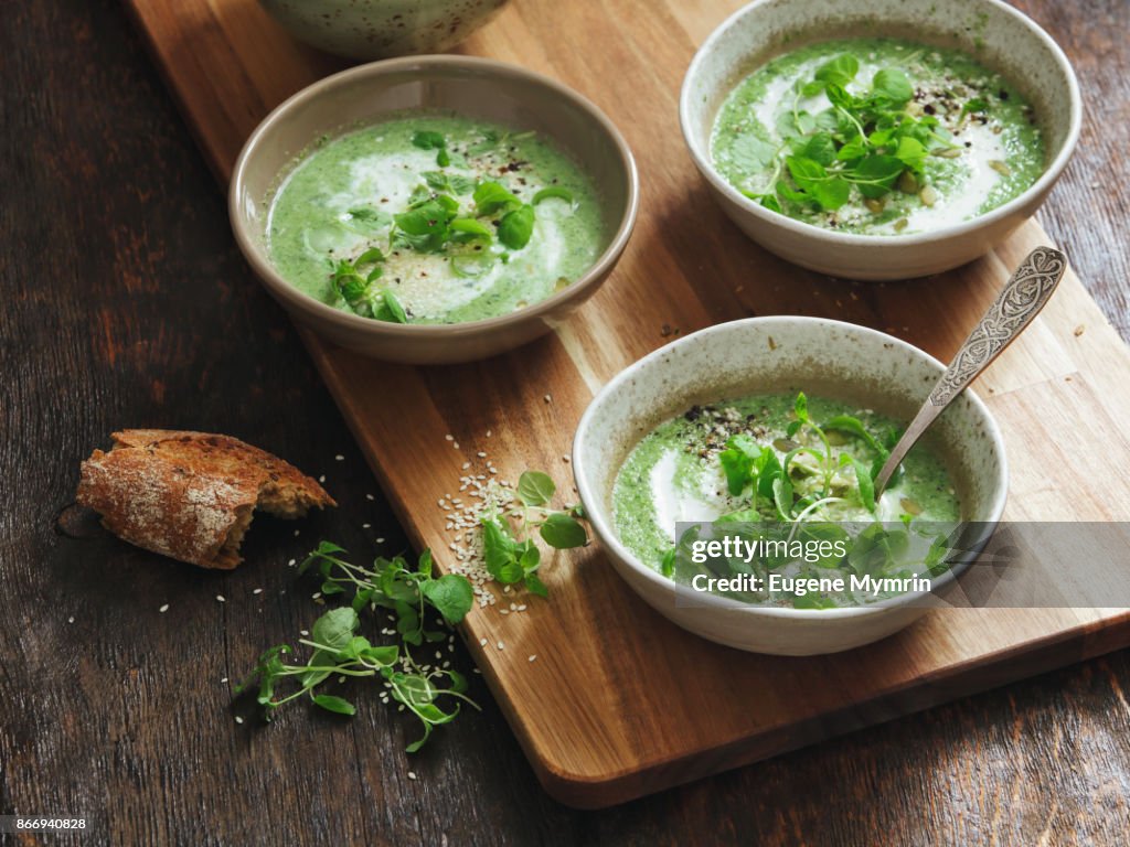 Broccoli, kale, spinach and mint soup with tahini