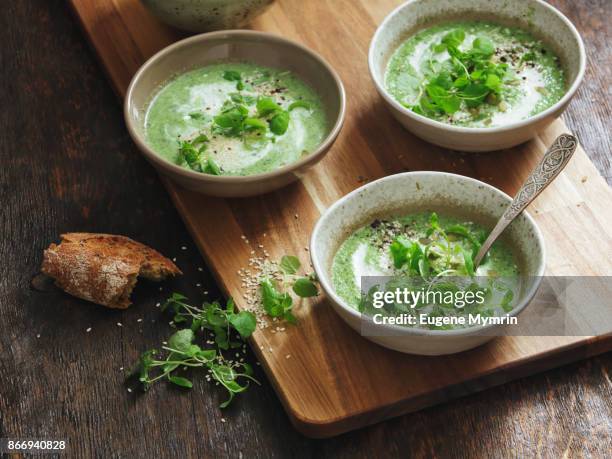 broccoli, kale, spinach and mint soup with tahini - cream soup stock pictures, royalty-free photos & images