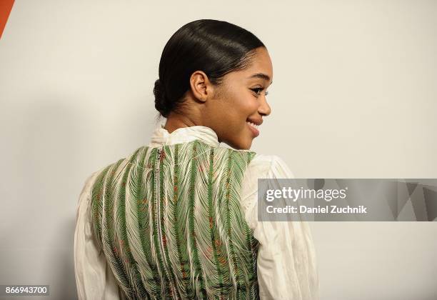 Laura Harrier attends the Volez, Voguez, Voyagez - Louis Vuitton Exhibition Opening on October 26, 2017 in New York City.