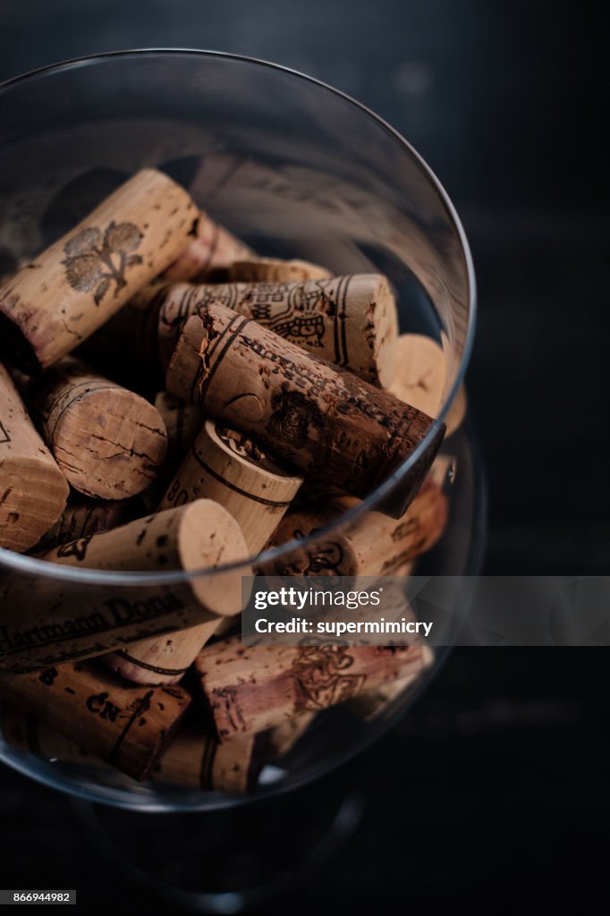 Corchos de vino con nombres de marcas y logos en el cristal.