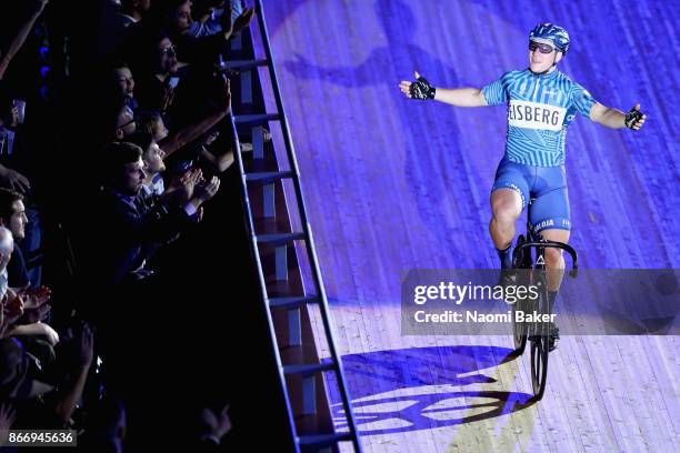 Matthew Rotherham of Great Britain celebrates during the Mens Keirin Sprinters Final on Day 3 of the London Six Day Race and the Lee Valley Velopark,...