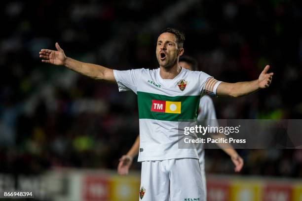 Edu Albacar reacts during the Spanish Copa del Rey round of 32 first league football match between Elche CF and Atletico de Madrid at the Martinez...