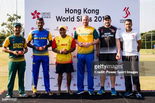 From left to right: Aubrey Swanepoel of South Africa Team, Captain Farveez Maharoof of Sri Lanka Team, Captain Samit Patel of Marylebone Cricket...