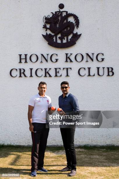 Captain Babar Hayat of Hong Kong Team and Captain Sohail Tanvir of Pakistan Team pose for photo during the Hong Kong Cricket World Sixes 2017 Press...