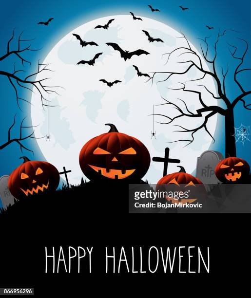 halloween card with smiling pumpkins on hill. blue background. handwritten text - informationsgrafik stock illustrations