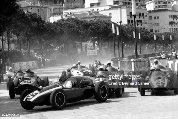 Jack Brabham, Tony Brooks, Phil Hill, Bruce McLaren, Cooper-Climax T51, Ferrari 246, Grand Prix of Monaco, Circuit de Monaco, 10 May 1959. Jack...