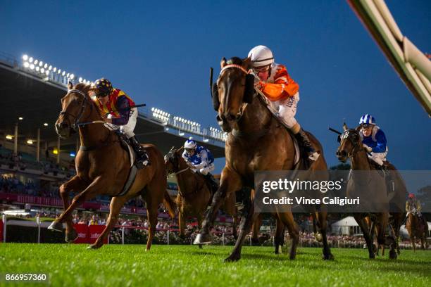 Luke Nolen riding Sam's Image wins Race 4, during Manikato Stakes Night at Moonee Valley Racecourse on October 27, 2017 in Melbourne, Australia.