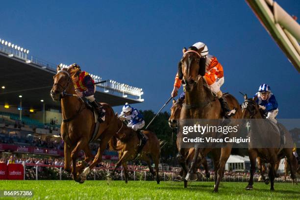 Luke Nolen riding Sam's Image wins Race 4, during Manikato Stakes Night at Moonee Valley Racecourse on October 27, 2017 in Melbourne, Australia.