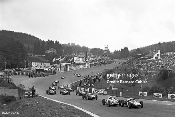 Jack Brabham, Olivier Gendebien, Phil Hill, Cooper-Climax T53, Cooper-Climax T51, Ferrari 246, Grand Prix of Belgium, Circuit de Spa-Francorchamps,...