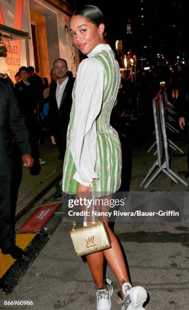 Laura Harrier is seen arriving at the Volez, Voguez, Voyagez - Louis Vuitton Exhibition Opening on October 26, 2017 in New York City.