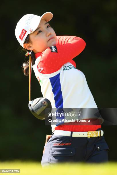 Yuting Seki of China hits her tee shot on the 3rd hole during the first round of the Higuchi Hisako Ponta Ladies at the Musashigaoka Golf Course on...