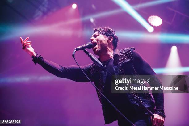 Frontman Davey Havok of American punk rock group AFI performing live on stage at Alexandra Palace in London on May 10, 2017.