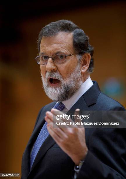 Spain's Prime Minsiter Mariano Rajoy speaks during a plenary session to approve article 155 of the Spanish Constitution at the Spanish Senate on...