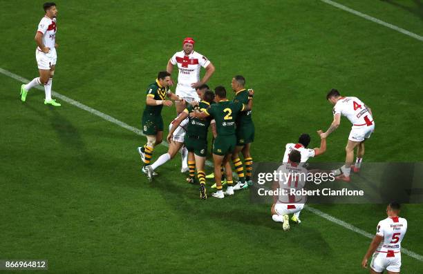 Matt Gillett of Australia celebrates a try during the 2017 Rugby League World Cup match between the Australian Kangaroos and England at AAMI Park on...