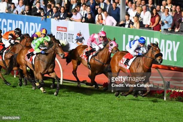 Craig Williams riding Mile High winning Race 5, during Manikato Stakes Night at Moonee Valley Racecourse on October 27, 2017 in Melbourne, Australia.