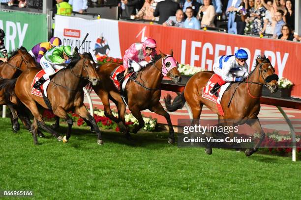 Craig Williams riding Mile High winning Race 5, during Manikato Stakes Night at Moonee Valley Racecourse on October 27, 2017 in Melbourne, Australia.