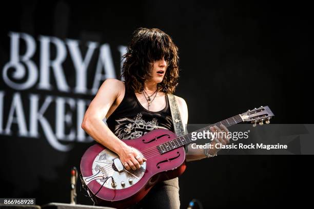 Guitarist and vocalist Tyler Bryant of American rock group Tyler Bryant And The Shakedown performing live on stage at London Stadium in London, on...