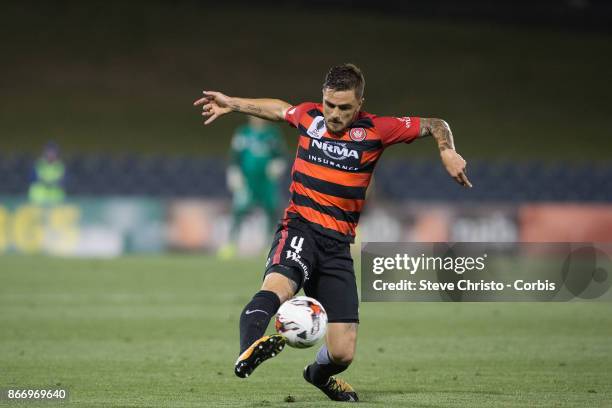 Joshua Risdon of the Wanderers controls the ball during the Semi Final FFA Cup match between the Western Sydney Wanderers and Adelaide United at...