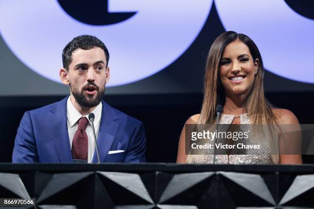 Hosts Luis Gerardo Mendez and Gaby Espino speaks on stage during the GQ Mexico Men of The Year Awards 2017 on October 26, 2017 in Mexico City, Mexico.