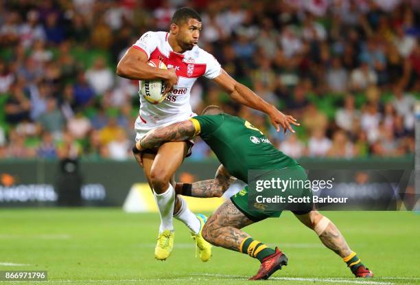 Kallum Watkins of England runs with the ball during the 2017 Rugby League World Cup match between the Australian Kangaroos and England at AAMI Park...