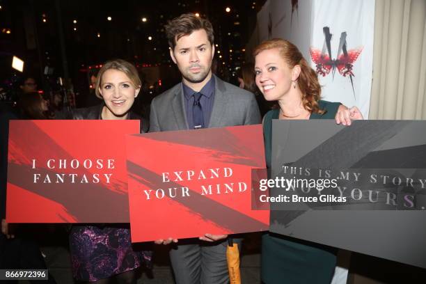 Annaleigh Ashford, Andrew Rannells and Patti Murin pose at the opening night arrivals for "M Butterfly" on Broadway at The Cort Theatre on October...