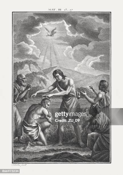 illustrations, cliparts, dessins animés et icônes de john baptiser christ (matthieu 3, 16), taille-douce, gravure, publié vers 1850 - monsieur jourdain