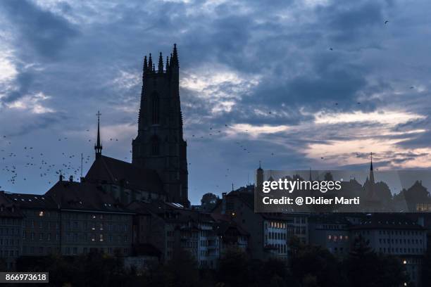 twilight over fribourg cathedral in switzerland - freiburg skyline stock pictures, royalty-free photos & images