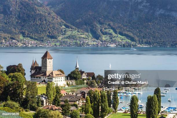 spiez castle by lake thun in canton bern, switzerland - bern stock-fotos und bilder