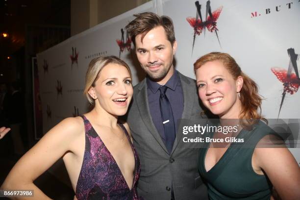 Annaleigh Ashford, Andrew Rannells and Patti Murin pose at the opening night arrivals for "M Butterfly" on Broadway at The Cort Theatre on October...
