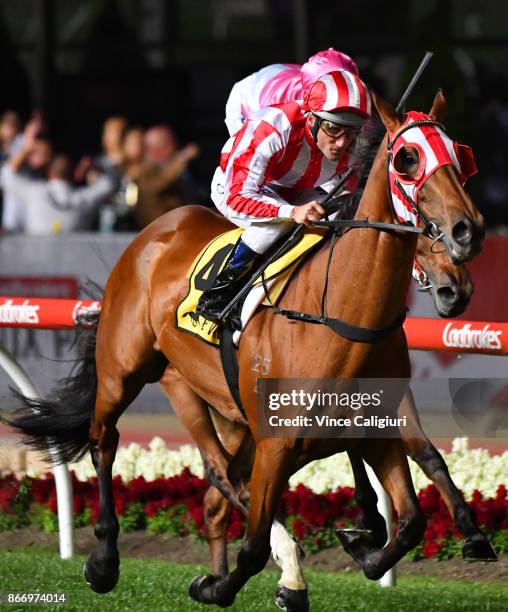 Damien Oliver riding Falika wins Race 6, during Manikato Stakes Night at Moonee Valley Racecourse on October 27, 2017 in Melbourne, Australia.