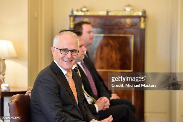Prime Minister of Australia Malcolm Turnbull looks on during a swearing-in ceremony at Government House on October 27, 2017 in Canberra, Australia....