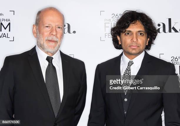 Recipient of the 2nd annual Lumiere award actor Bruce Willis and Film director M. Night Shyamalan attend the 2nd Annual Lumiere Award Celebration...