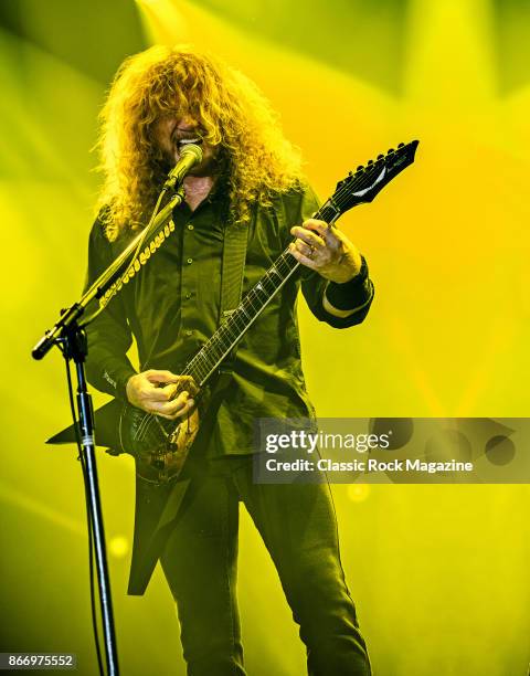 Guitarist and vocalist Dave Mustaine of American thrash metal group Megadeth performing live on stage at Bloodstock Open Air Festival in Derbyshire,...