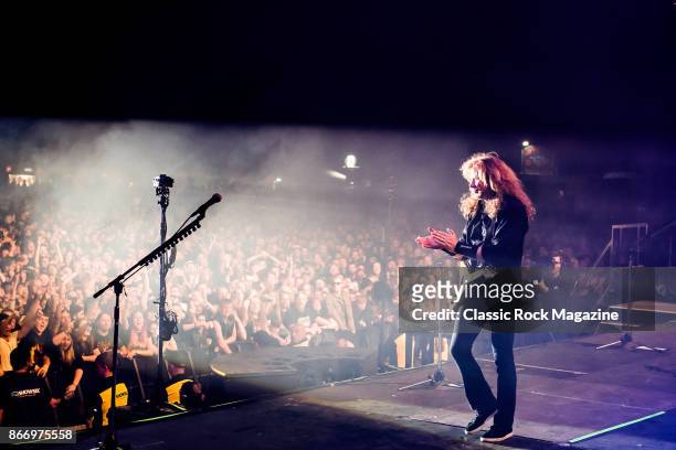 Guitarist and vocalist Dave Mustaine of American thrash metal group Megadeth performing live on stage at Bloodstock Open Air Festival in Derbyshire,...