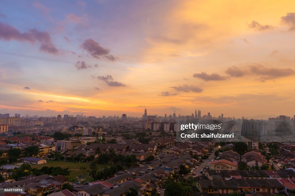 View of majestic sunset over downtown Kuala Lumpur, Malaysia