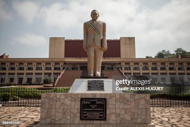 Sculpture of first Prime Minister of the Central African Republic Barthelemy Boganda is displayed outside the Central African National Assembly on...