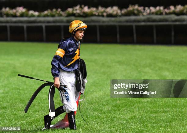 Dwayne Dunn walks off the track after Chautauqua was scratched at the barrier in Race 7, Ladbrokes Manikato Stakes during Manikato Stakes Night at...