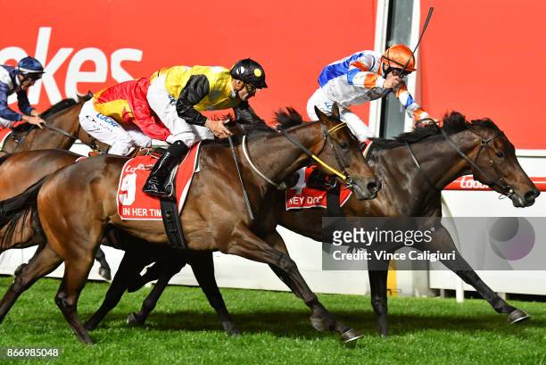 Luke Currie riding Hey Doc defeats Corey Brown riding In Her Time in Race 7, Ladbrokes Manikato Stakes during Manikato Stakes Night at Moonee Valley...