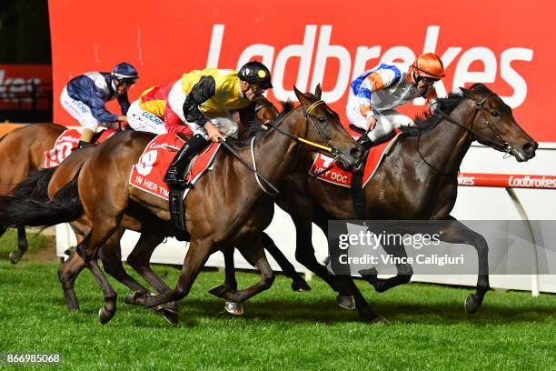 Luke Currie riding Hey Doc defeats Corey Brown riding In Her Time in Race 7, Ladbrokes Manikato Stakes during Manikato Stakes Night at Moonee Valley...