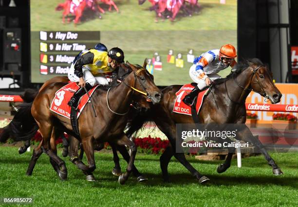 Luke Currie riding Hey Doc defeats Corey Brown riding In Her Time in Race 7, Ladbrokes Manikato Stakes during Manikato Stakes Night at Moonee Valley...