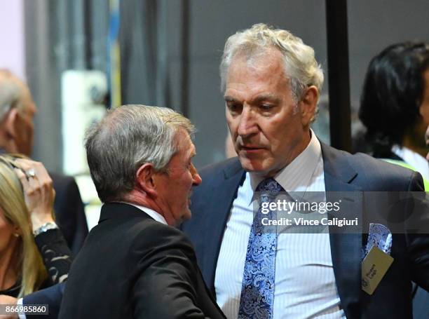 Trainer John Hawkes talks with owner Rupert Legh after Chautauqua was scratched at the barrier in Race 7, Ladbrokes Manikato Stakes during Manikato...