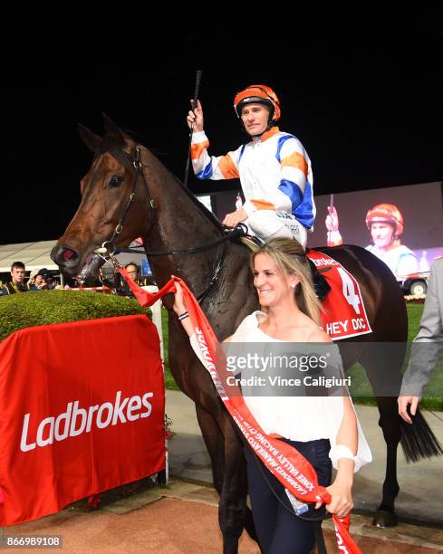 Luke Currie riding Hey Doc after winning Race 7, Ladbrokes Manikato Stakes during Manikato Stakes Night at Moonee Valley Racecourse on October 27,...