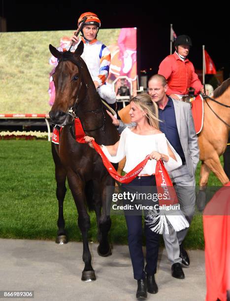 Luke Currie riding Hey Doc after winning Race 7, Ladbrokes Manikato Stakes during Manikato Stakes Night at Moonee Valley Racecourse on October 27,...