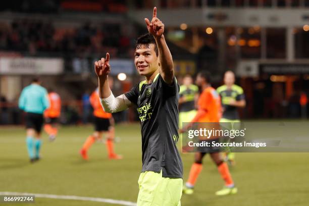 Hirving Lozano of PSV celebrates the 0-2 during the Dutch KNVB Beker match between FC Volendam v PSV at the Kras Stadium on October 26, 2017 in...