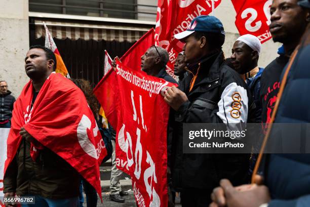 Labor unions general strike in Rome, Italy, 27th October 2017. Rally in front of the Minister of Economic Development. Unions are striking against...