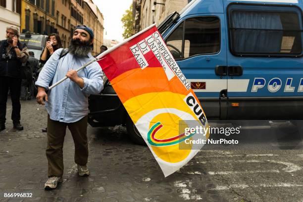 Labor unions general strike in Rome, Italy, 27th October 2017. Rally in front of the Minister of Economic Development. Unions are striking against...