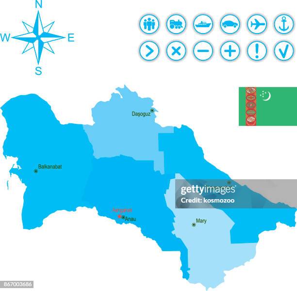 map of turkmenistan with flag, icons and key - turkmen flag stock illustrations
